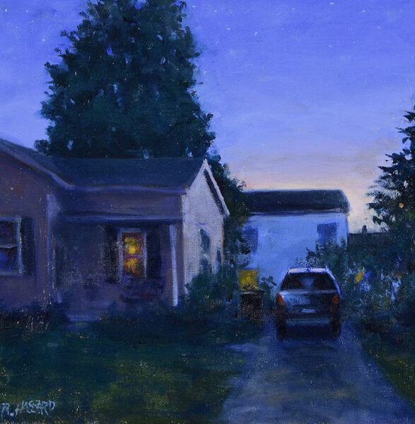 A house at twilight with a car parked out front